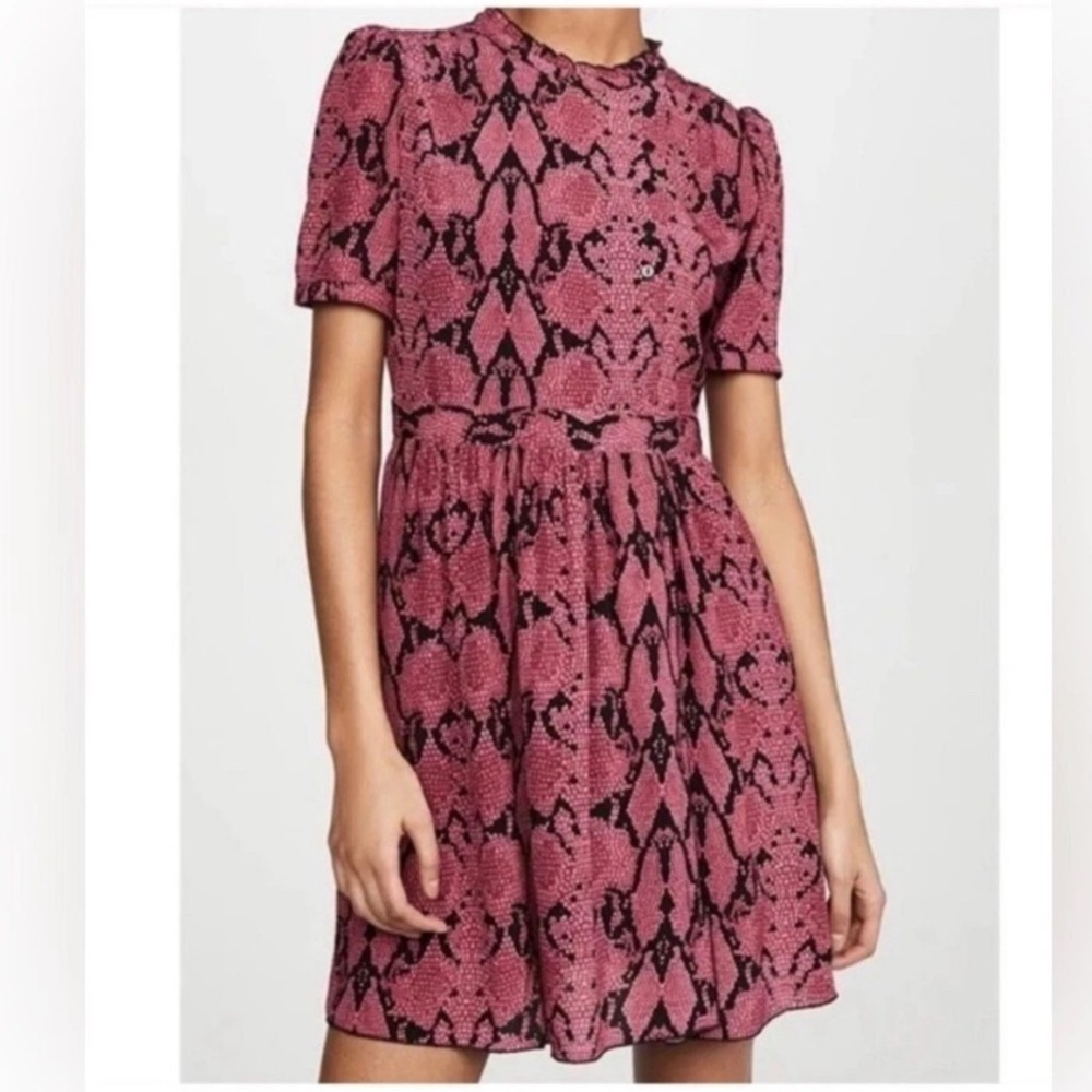 ba&sh Pink Snake Print Cascade Mini Dress Short Puff Sleeve Ruffled Neck M